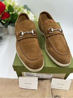 Men’s Gucci tan suede horse bit loafers size 11.5 fits 12 US made in Italy